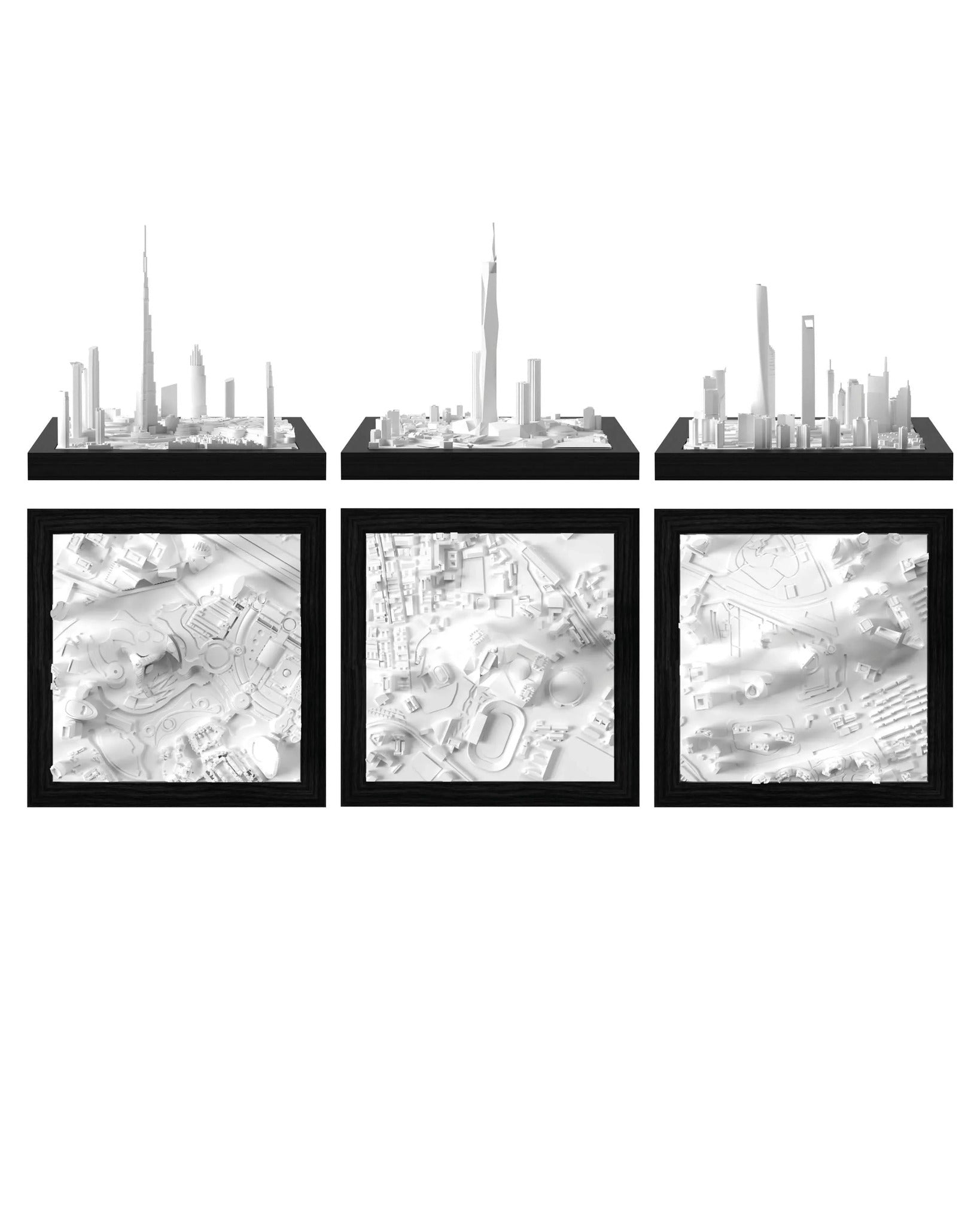 Tallest Buildings Trio: Dubai - Burj Khalifa, Kuala Lumpur - Merdeka 118, Shanghai - Financial District CUBE 3D city models - CITYFRAMES